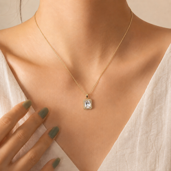 Gold Plated Rectangle Crystal Pendant Necklace Anty Tarnish Daily Wear